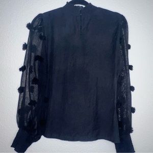 ☀️Ella Blue sheer sleeve blouse with poms size Large